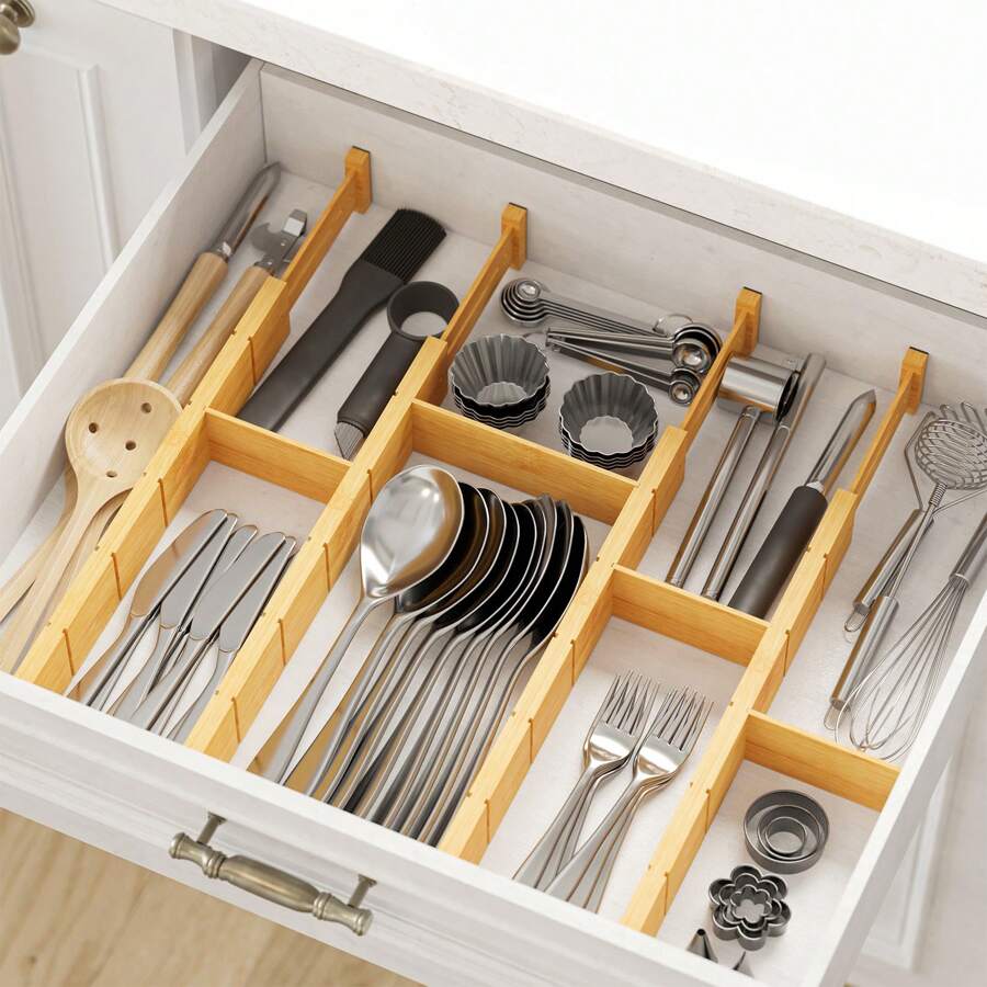 Home Office Organization - ตัวแบ่งลิ้นชักไม้ไผ่พร้อมแผ่นรองและป้ายชื่อ, ตัวจัดระเบียบลิ้นชักปรับได้สำหรับห้องครัว, อุปกรณ์จัดระเบียบที่ขยายได้สำหรับบ้านและสำนักงาน, ตัวแบ่งลิ้นชักพร้อมแผ่นรอง 9 ชิ้น