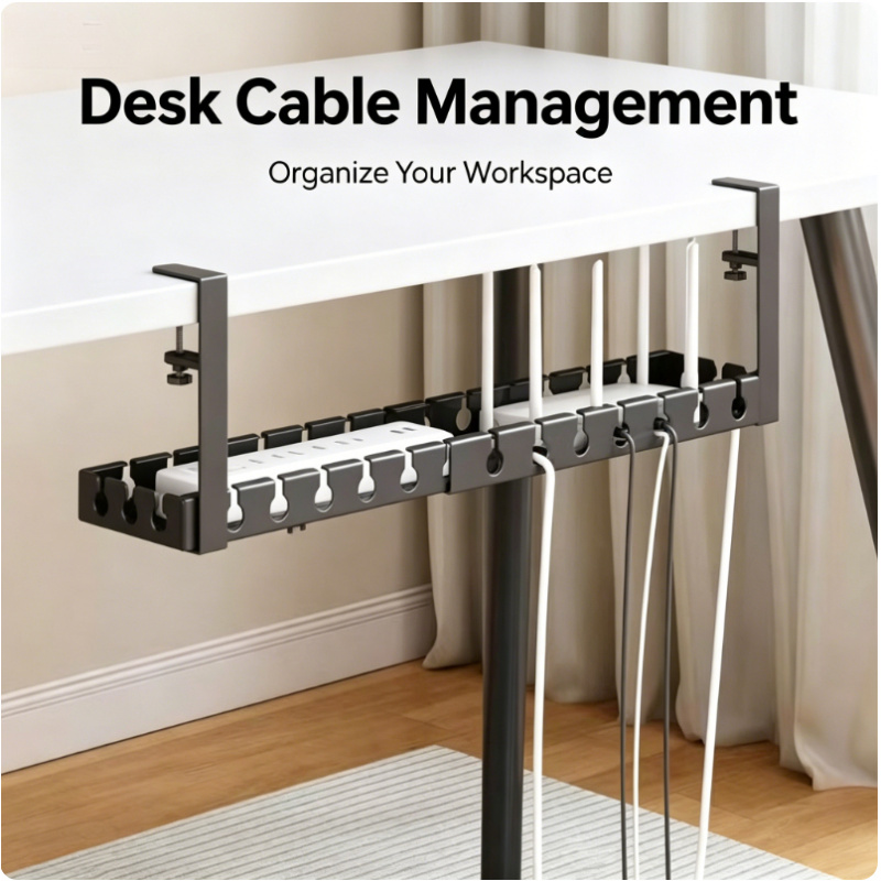 Home Office Desk Ideas - ชั้นวางของแบบยืดหดได้ใต้โต๊ะ ถาดจัดเก็บสายเคเบิลโลหะ ไม่ต้องเจาะ ตัวจัดระเบียบสายไฟบนโต๊ะ อุปกรณ์สำนักงานที่บ้าน