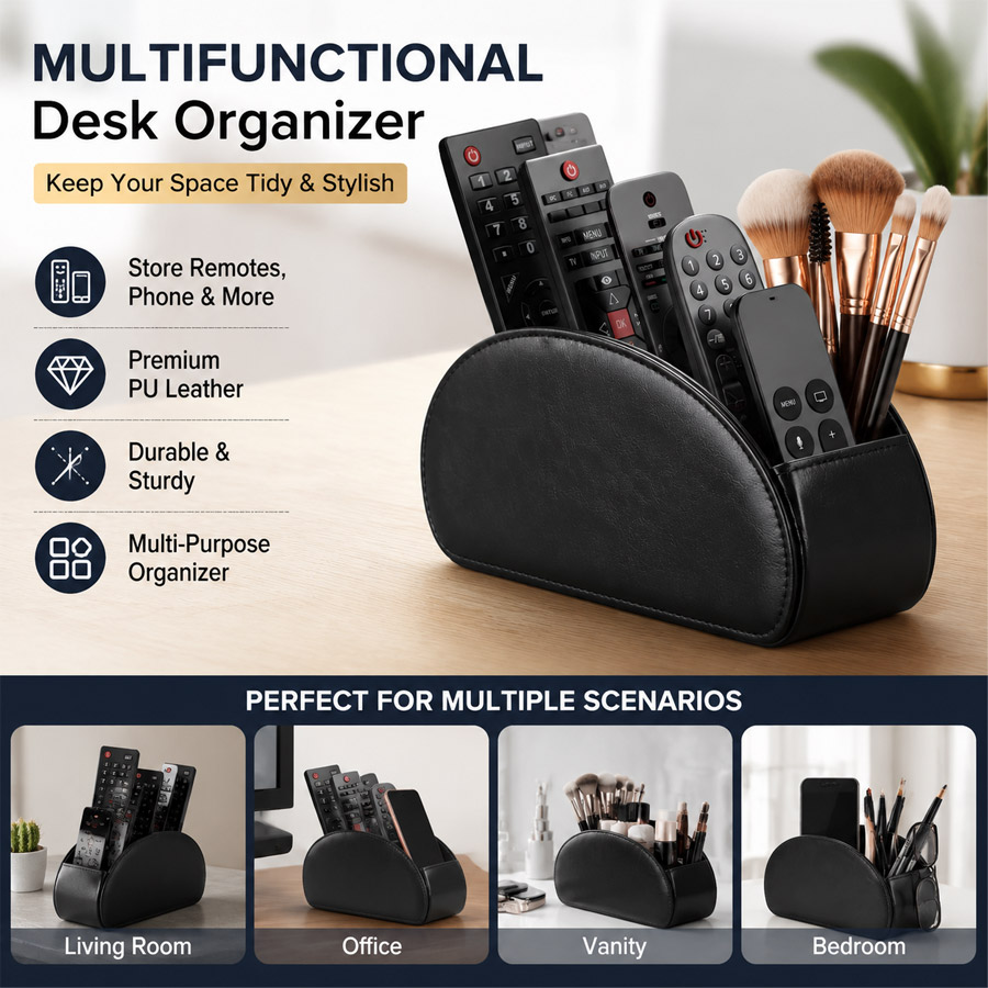 Home Office Organization - กล่องจัดระเบียบบนโต๊ะทำงาน 5 ช่อง ทำจากหนัง PU สำหรับเก็บรีโมท